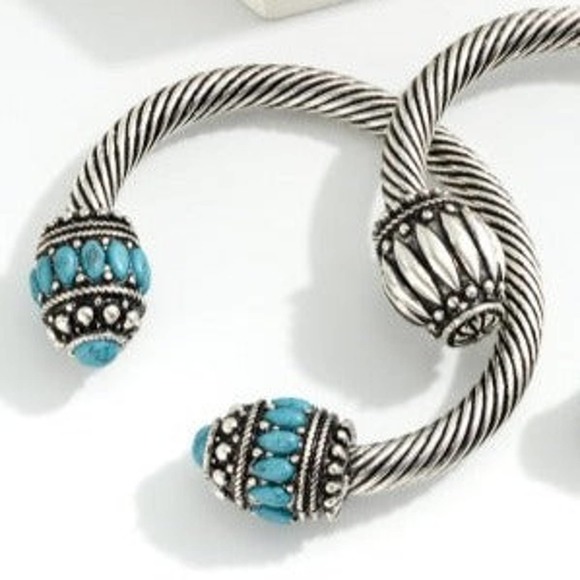 Twisted Cable Metal Western Bangle With Turquoise Stone Accents - Picture 2 of 3